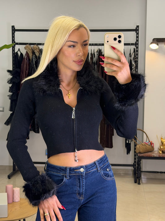Fur Zip Knit Top - jacket