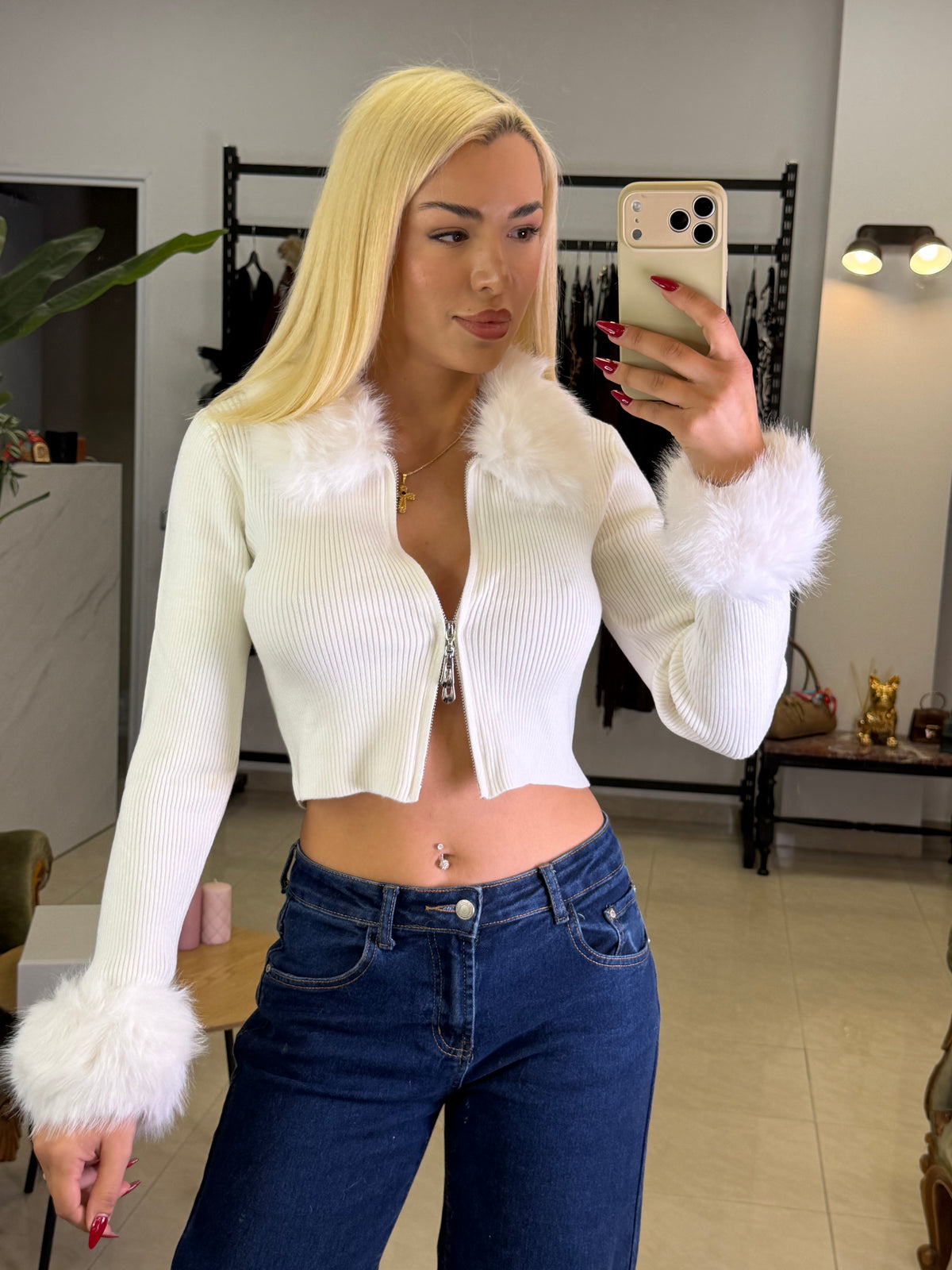 Fur Zip Knit Top - jacket