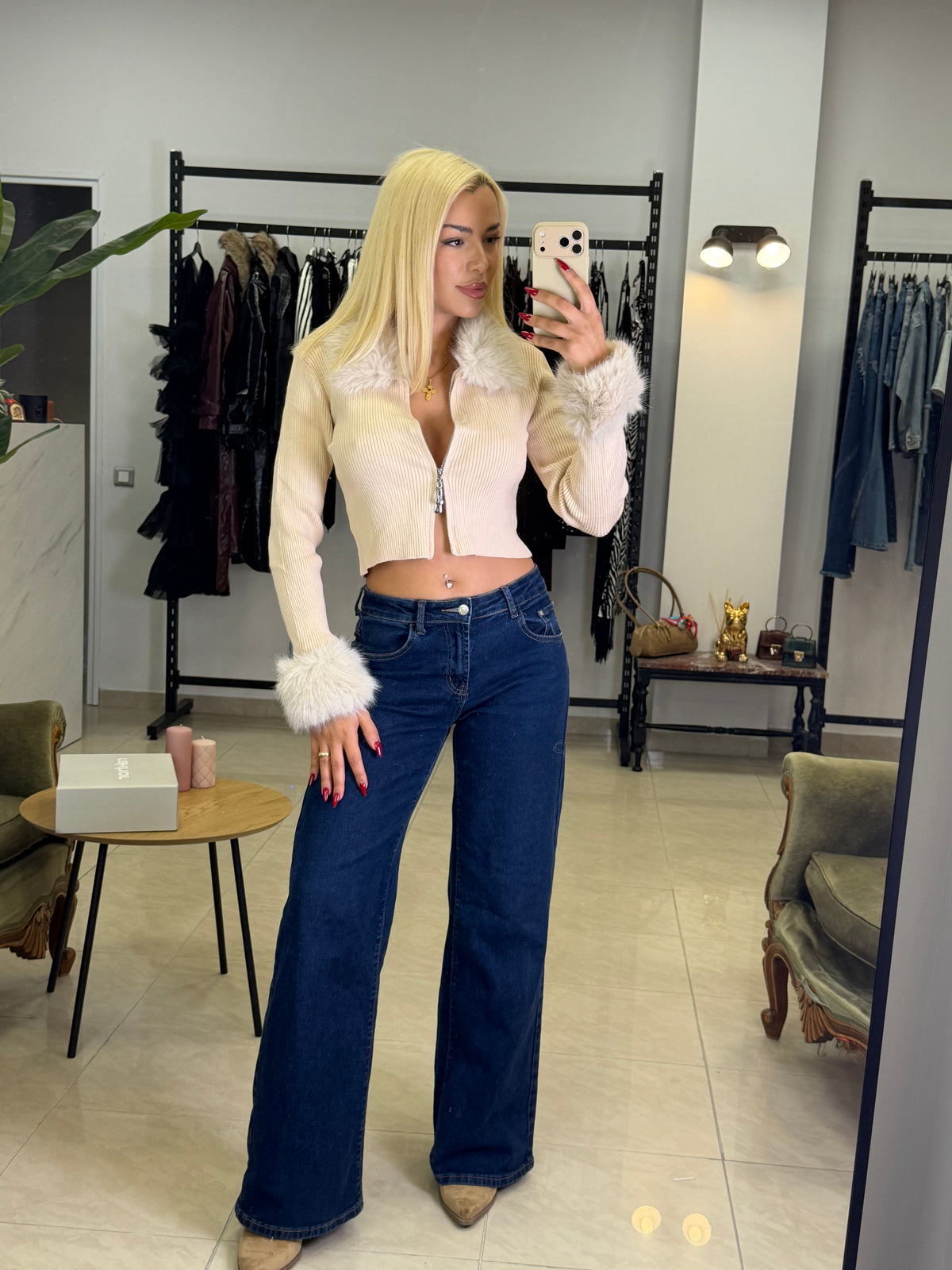 Fur Zip Knit Top - jacket