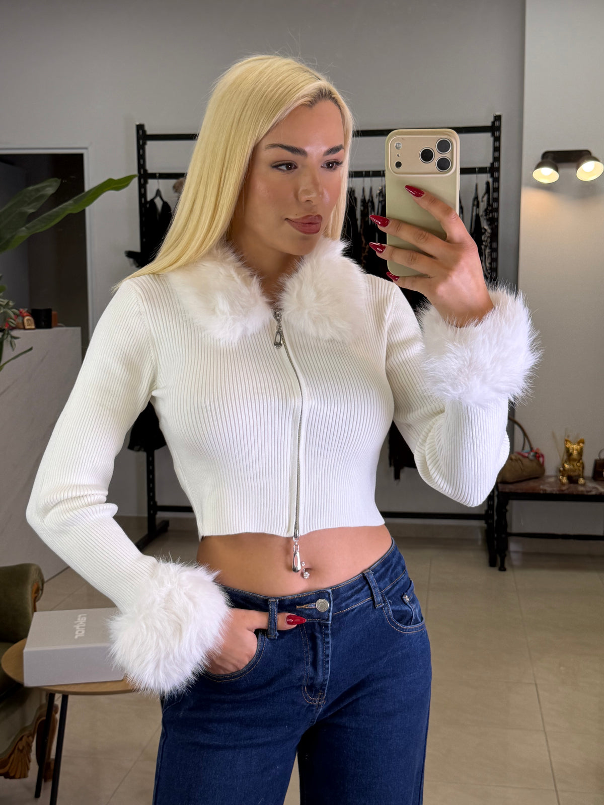 Fur Zip Knit Top - jacket